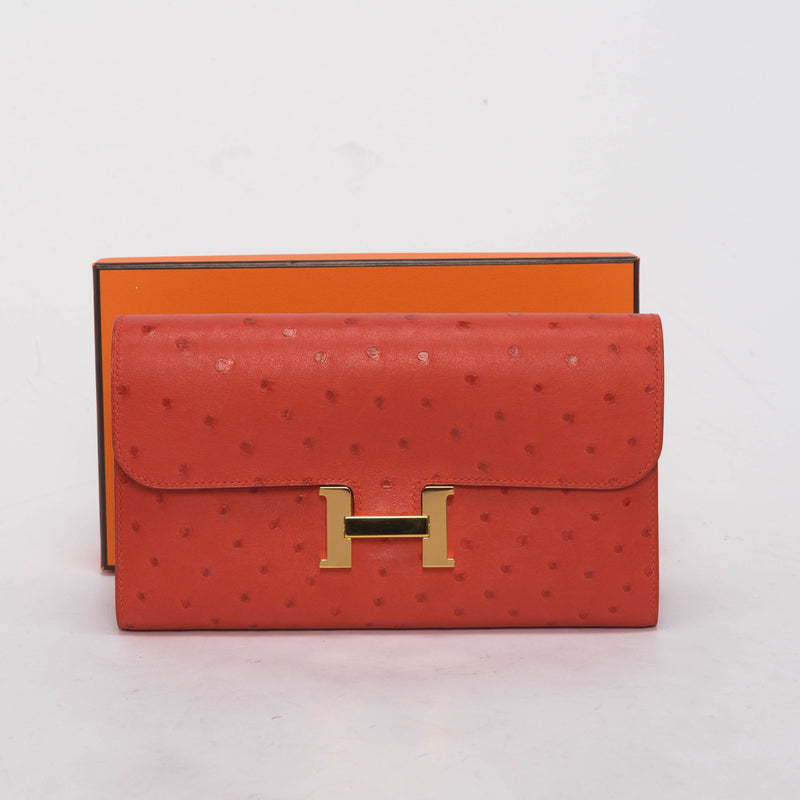 Hermes Rouge Vif Ostrich Constance Long Wallet - Blue Spinach