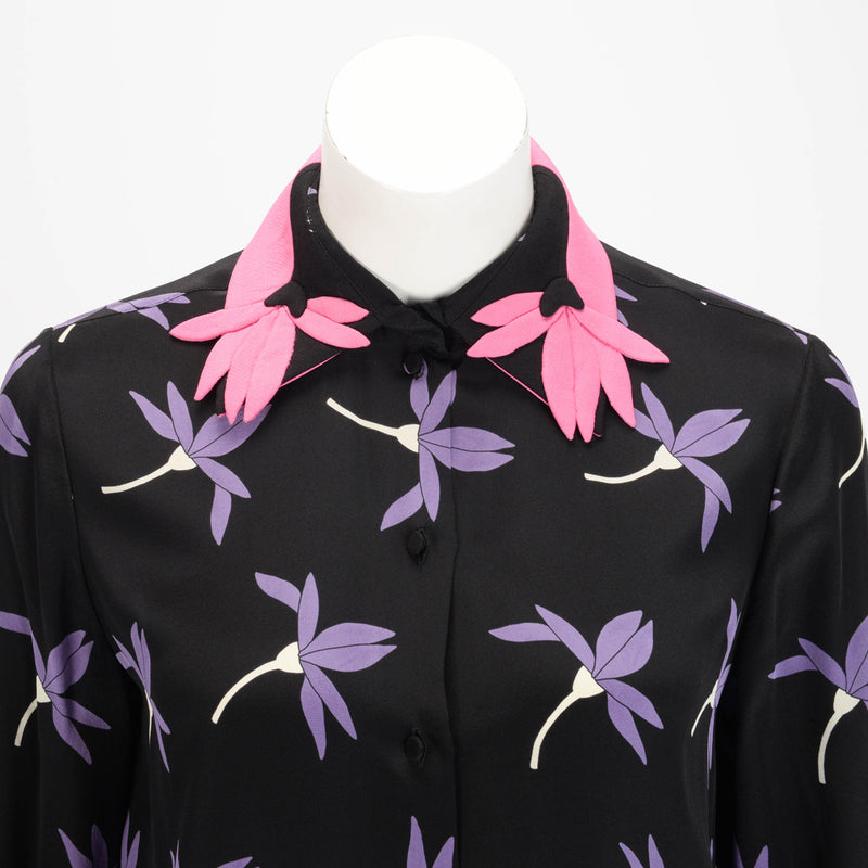 Valentino Black Silk Floral Print Blouse FR 40 - Blue Spinach