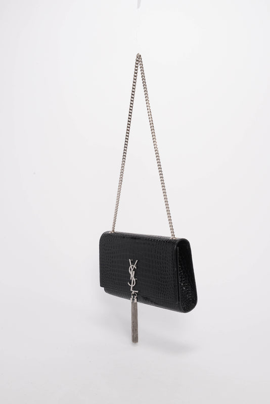 Saint Laurent Black Croc Embossed Medium Kate Tassel Bag - Blue Spinach