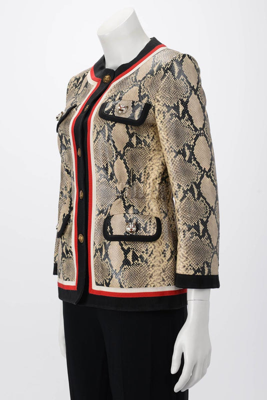 Gucci Beige Snake Effect Leather Web Trim Jacket IT 36 - Blue Spinach