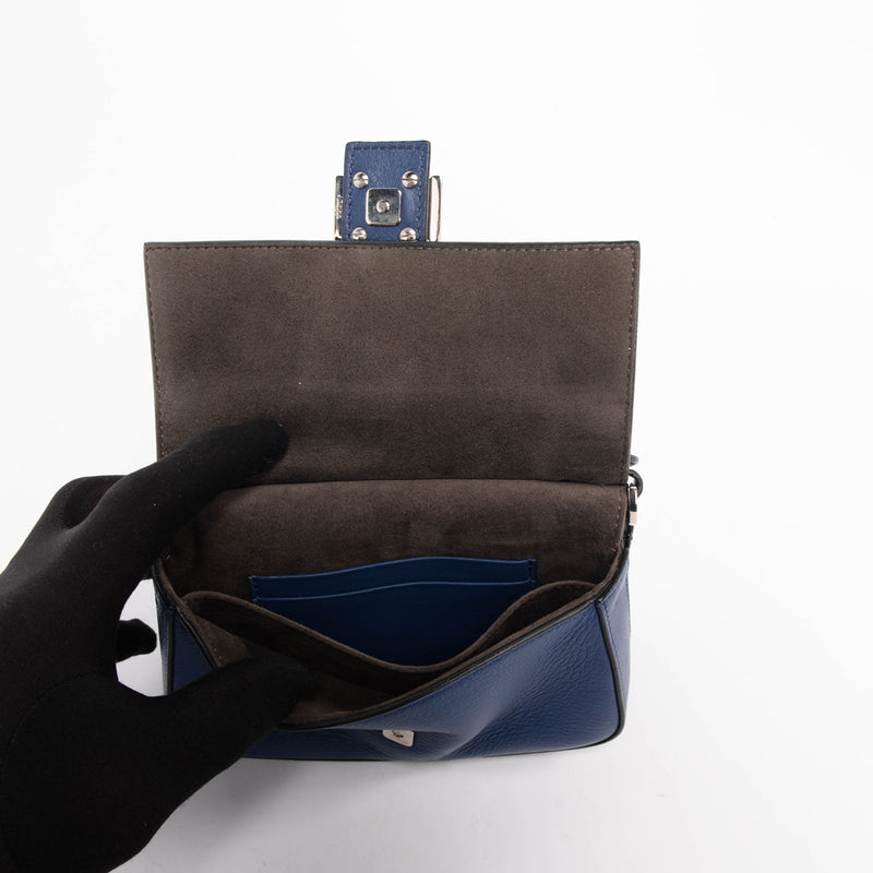 Fendi Black & Blue Vitello Dolce Flowerland Micro Double Baguette - Blue Spinach