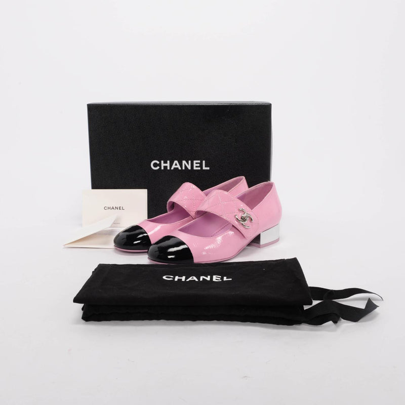 Chanel Pink Crinkled Calfskin Mary Jane Turnlock Flats 37 - Blue Spinach