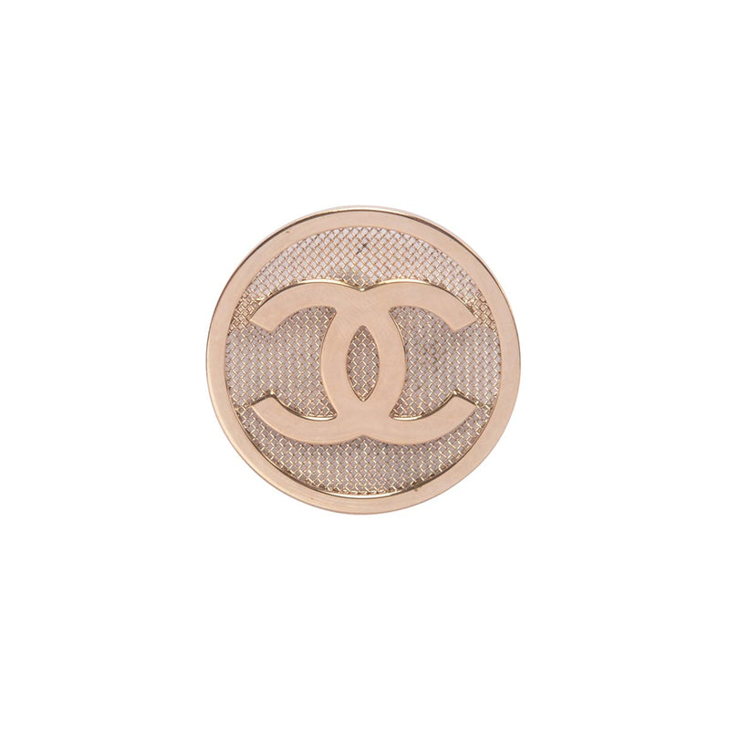 Chanel Light Gold Mesh Round CC Brooch - Blue Spinach