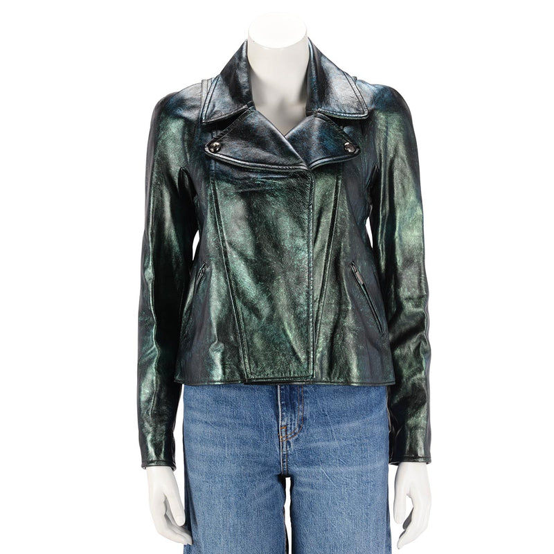 Chanel Green Iridescent Lambskin Biker Jacket FR 34 - Blue Spinach