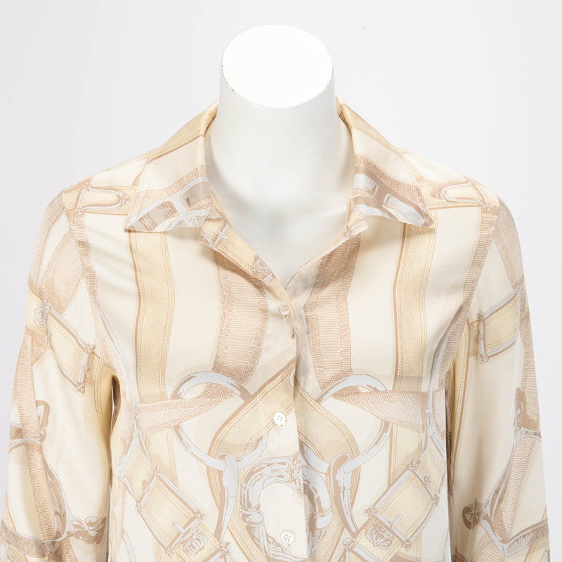 Hermes Beige Silk Cavalcadour Blouse FR 38 - Blue Spinach