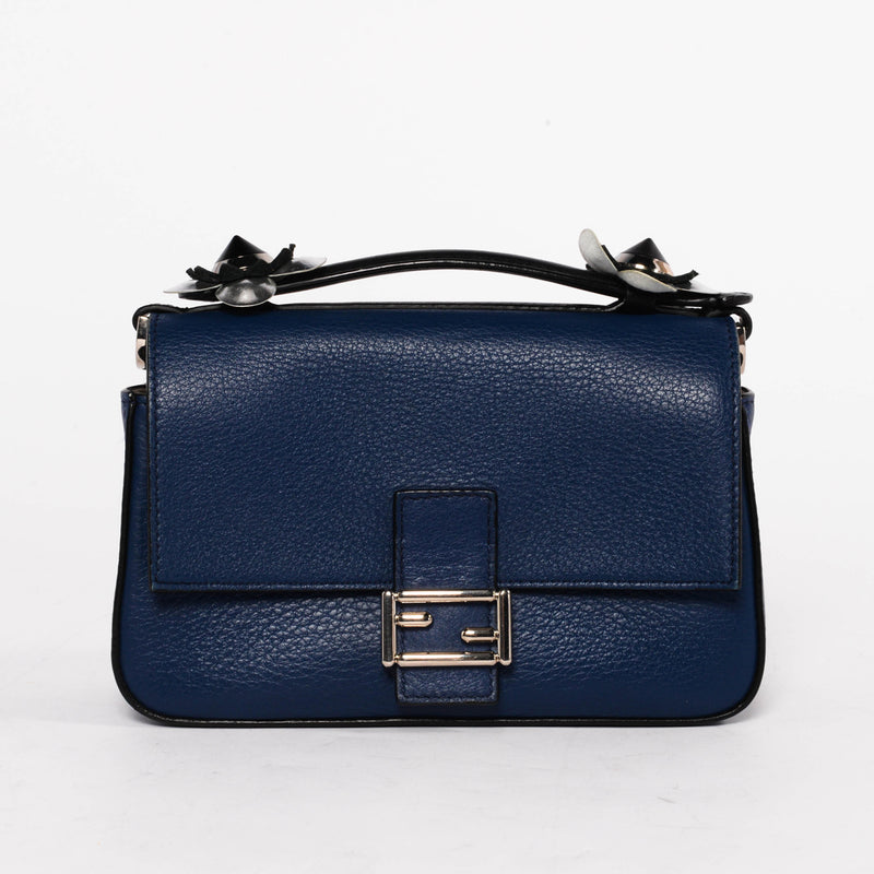 Fendi Black & Blue Vitello Dolce Flowerland Micro Double Baguette - Blue Spinach