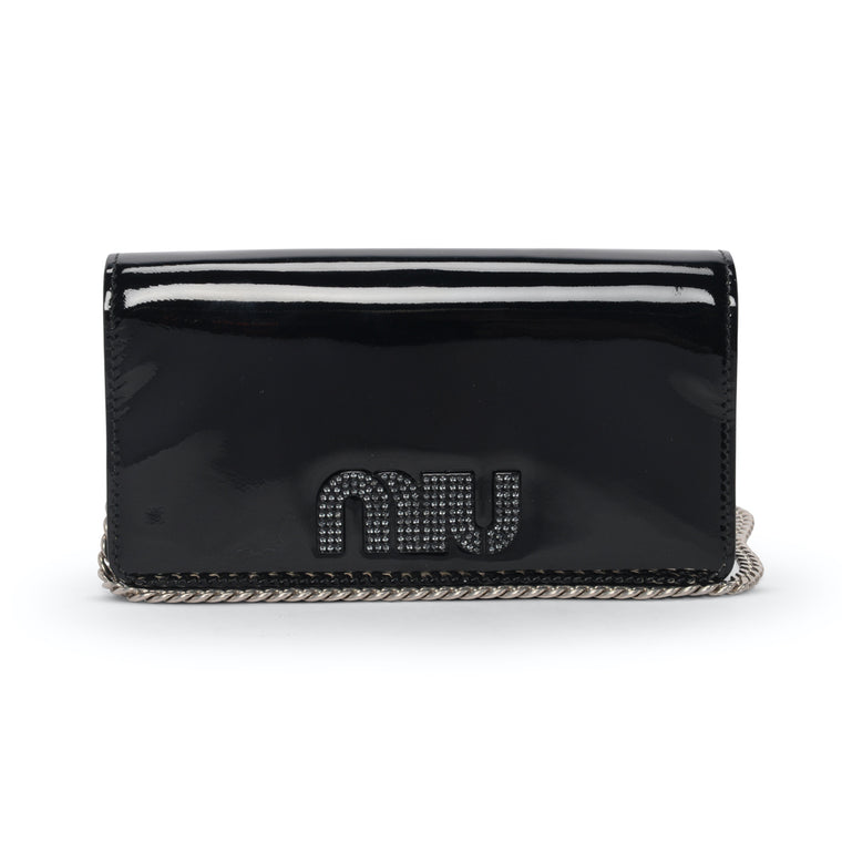 Miu Miu Black Patent Crystal Logo Clutch With Chain