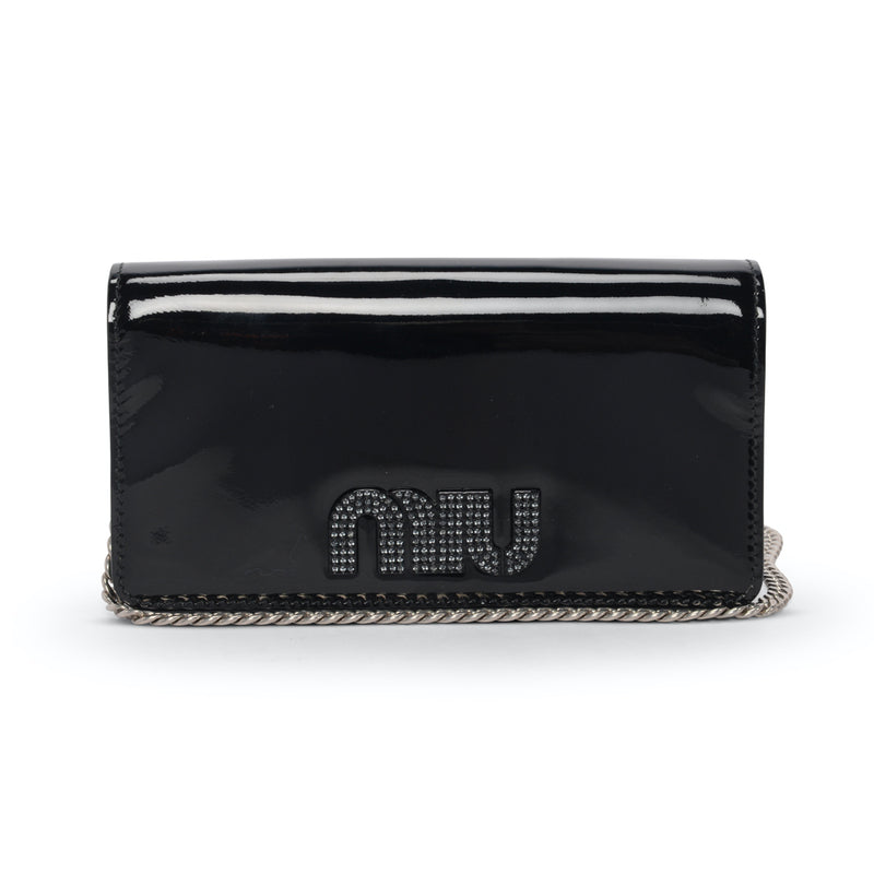 Miu Miu Black Patent Crystal Logo Clutch With Chain - Blue Spinach