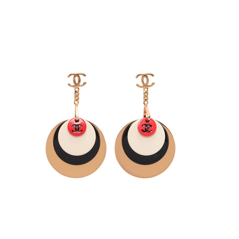 Chanel Gold Enamel CC Disc Drop Earrings