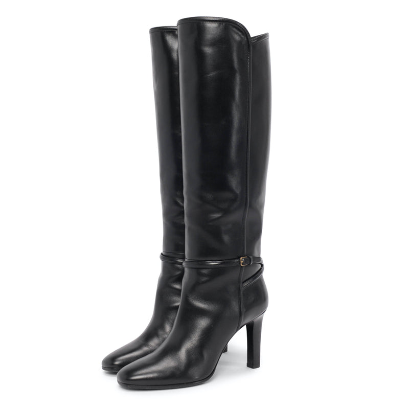 Saint Laurent Black Polished Leather Jane Buckle Boots 39.5 - Blue Spinach