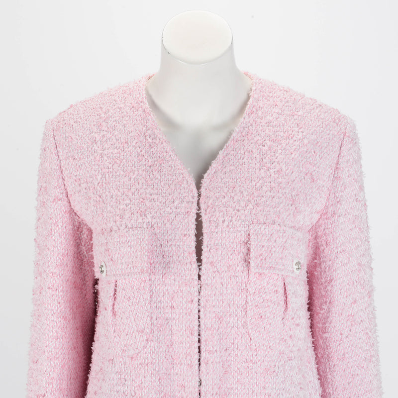 Chanel Pink Fantasy Tweed Collarless Jacket FR 38 - Blue Spinach