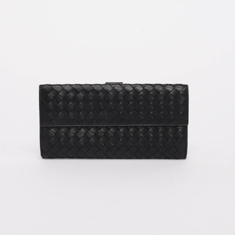 Bottega Veneta Black Intrecciato Bi-Fold Continental Wallet - Blue Spinach