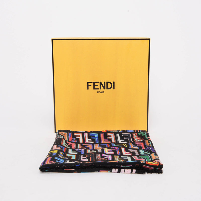 Fendi Black Silk Multicolour FF Fringed Scarf 90 - Blue Spinach