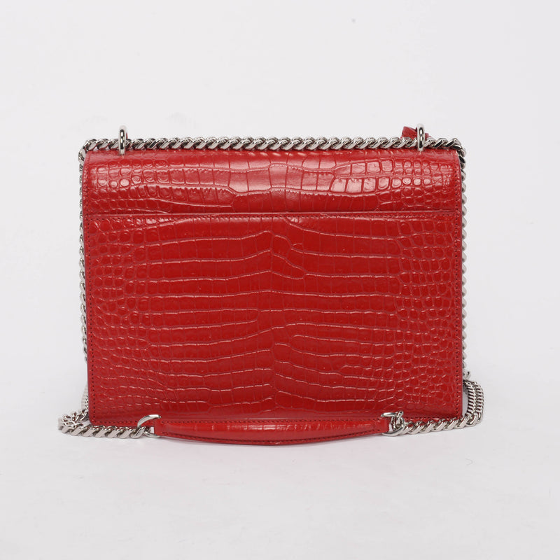 Saint Laurent Red Croc Embossed Medium Sunset Shoulder Bag - Blue Spinach