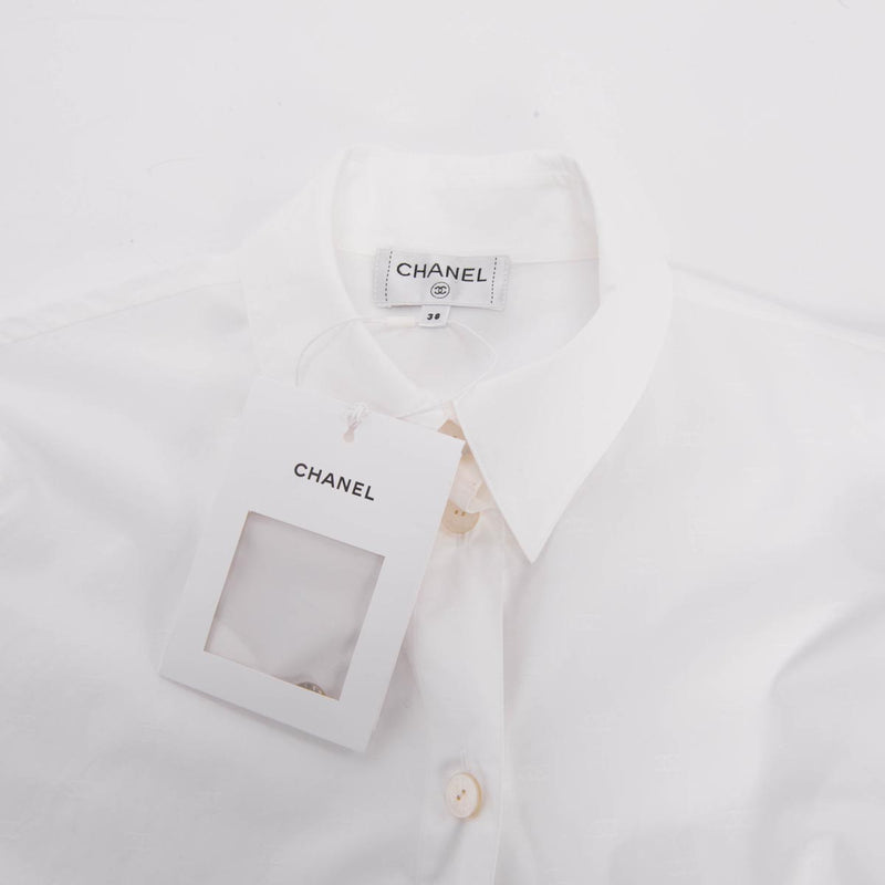 Chanel White Cotton CC Blouse FR 38 - Blue Spinach