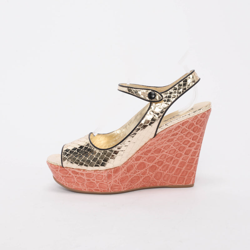 Prada Pink & Gold Metallic Snake & Croc Wedges 38.5 - Blue Spinach