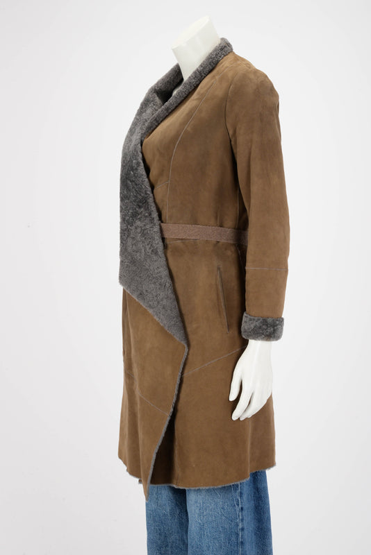 Brunello Cucinelli Brown Shearling Wrap Front Coat IT 42 - Blue Spinach