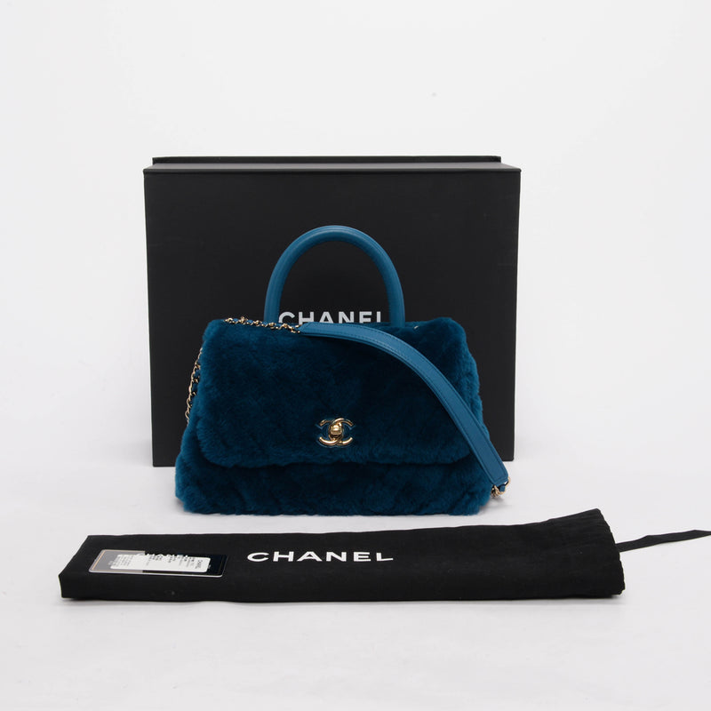 Chanel Teal Shearling Small Coco Handle Bag - Blue Spinach