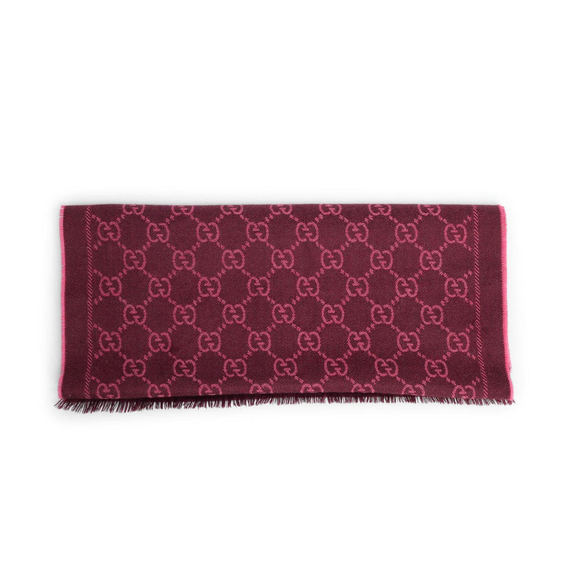 Gucci Pink Wool Double Jacquard GG Scarf - Blue Spinach