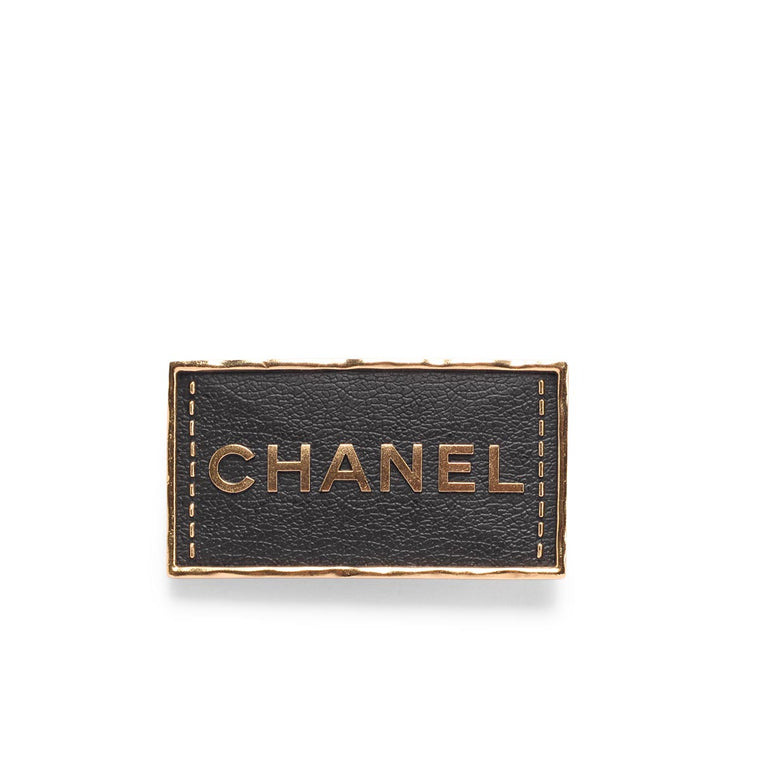 Chanel Gold & Black Leather Logo Plate Brooch