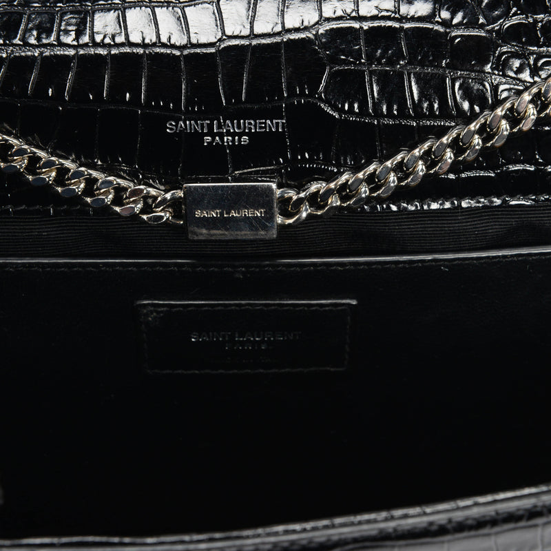 Saint Laurent Black Croc Embossed Medium Kate Tassel Bag - Blue Spinach