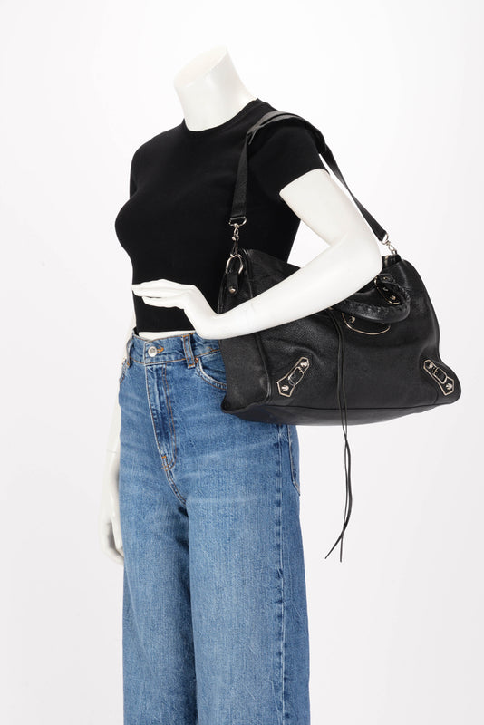 Balenciaga Black Goatskin Metallic Edge City Bag - Blue Spinach