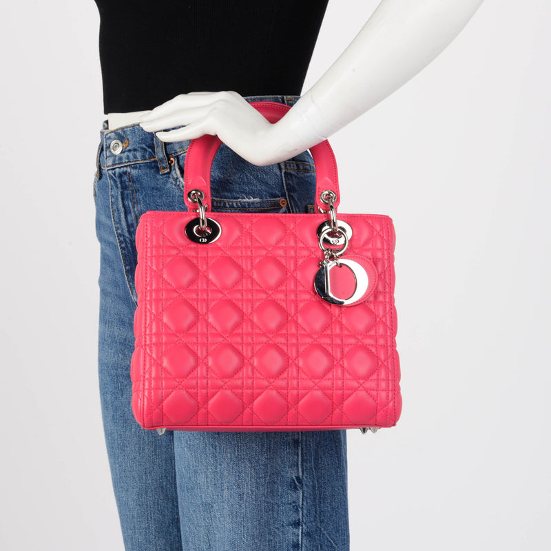 Dior Hot Pink Cannage Lambskin Medium Lady Dior Bag - Blue Spinach