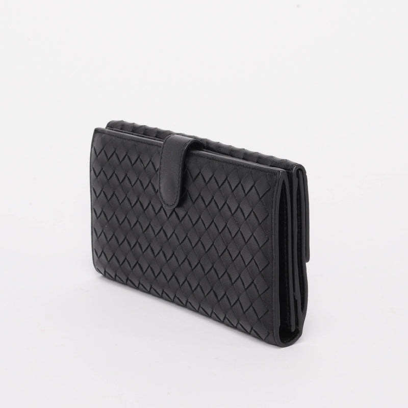 Bottega Veneta Black Intrecciato Bi-Fold Continental Wallet - Blue Spinach