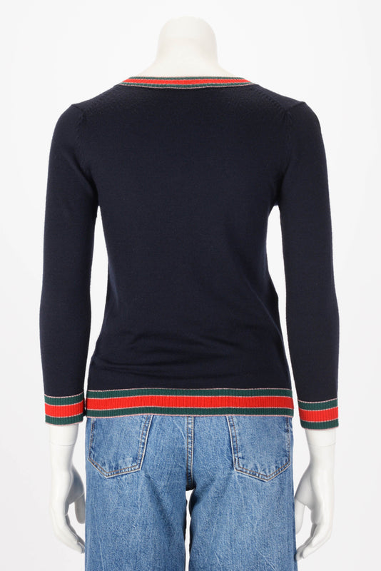 Gucci Navy Wool Web Detail Sweater S - Blue Spinach