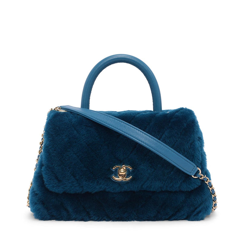 Chanel Teal Shearling Small Coco Handle Bag - Blue Spinach