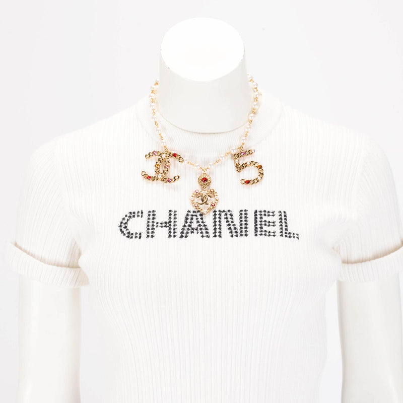 Chanel Gold Tone Pearl & Crystal Coco Charm Choker Necklace - Blue Spinach