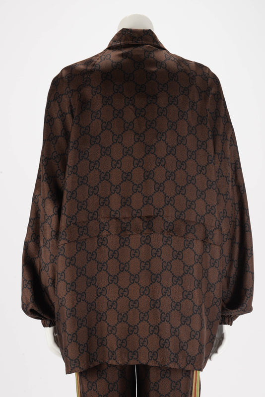 Gucci Brown Silk GG Supreme Zip Jacket L - Blue Spinach