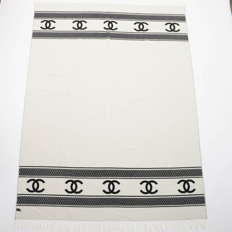 Chanel Black & White Cashmere CC Reversible Blanket - Blue Spinach