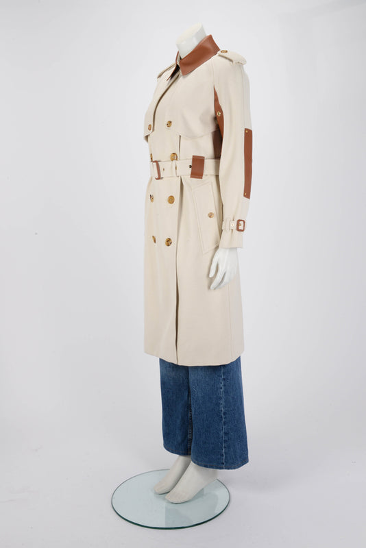 Burberry Ecru & Tan Canvas Leather Detail Trench Coat UK6 - Blue Spinach