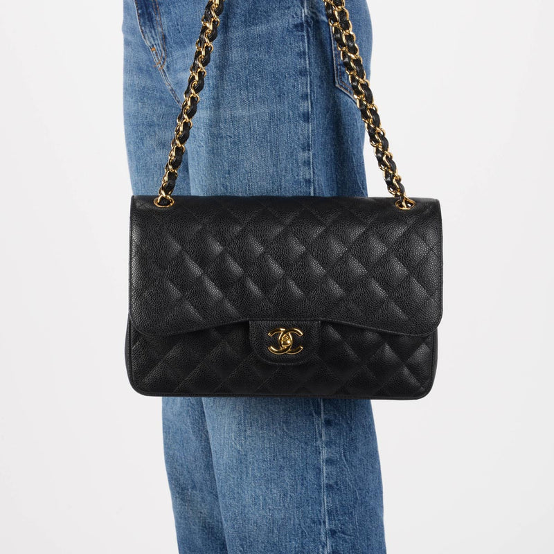 Chanel Black Quilted Caviar Large Classic Flap Bag - Blue Spinach