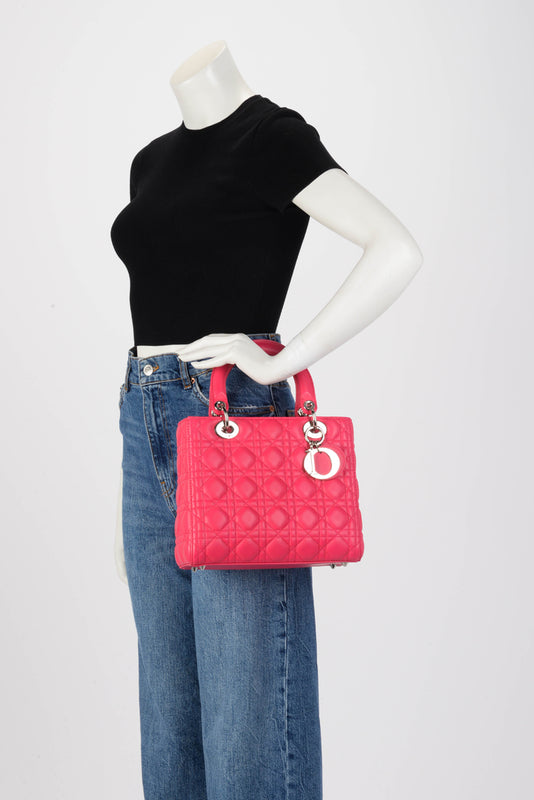 Dior Hot Pink Cannage Lambskin Medium Lady Dior Bag - Blue Spinach