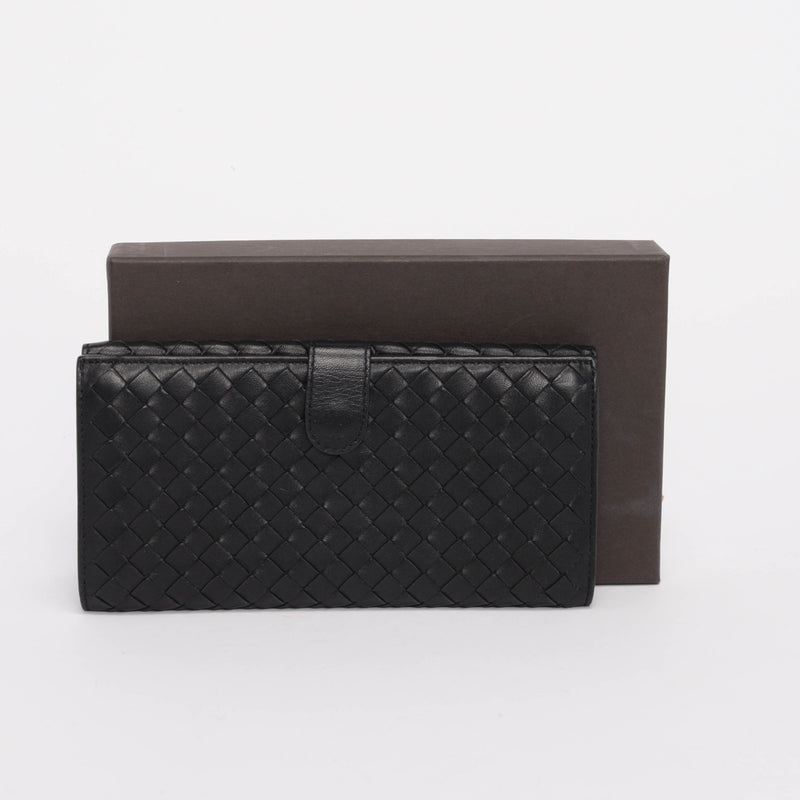 Bottega Veneta Black Intrecciato Bi-Fold Continental Wallet - Blue Spinach