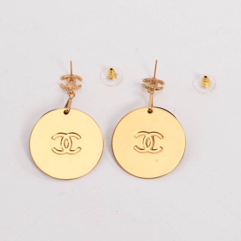 Chanel Gold Enamel CC Disc Drop Earrings - Blue Spinach