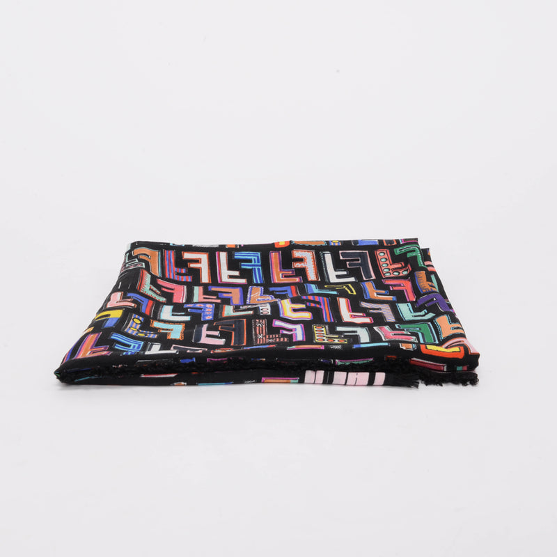 Fendi Black Silk Multicolour FF Fringed Scarf 90 - Blue Spinach