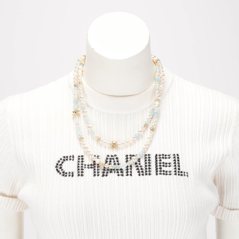 Chanel Aquamarine Crystal & Pearl Long Necklace - Blue Spinach