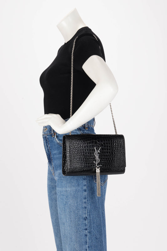 Saint Laurent Black Croc Embossed Medium Kate Tassel Bag - Blue Spinach