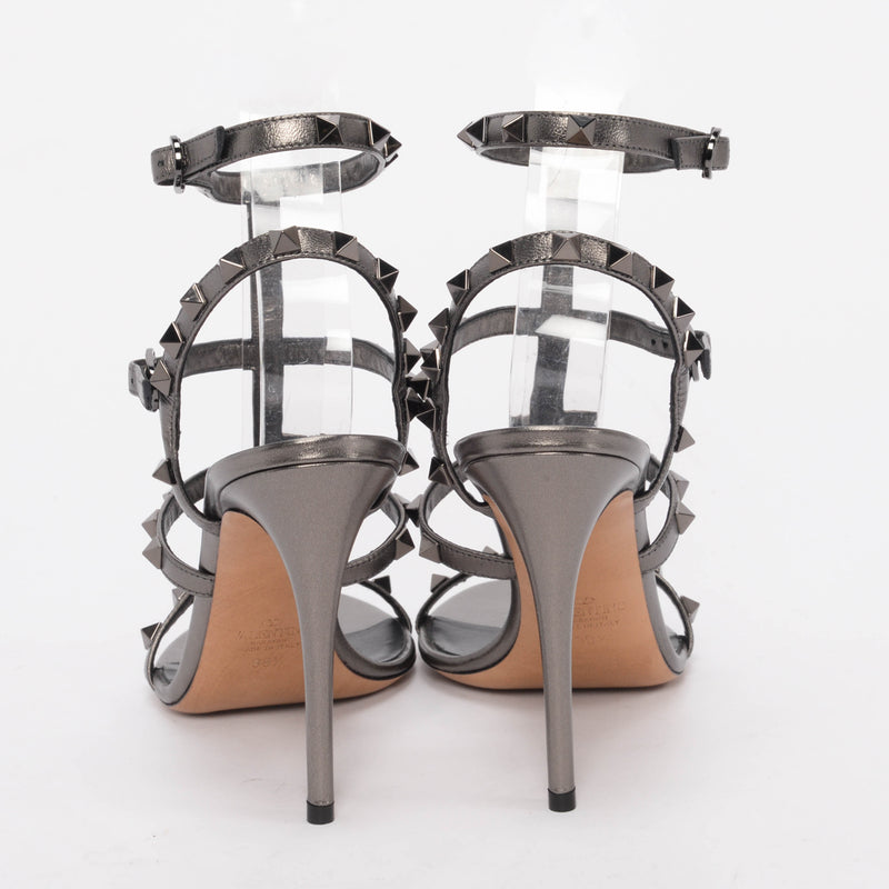 Valentino Gunmetal Metallic Leather Rockstud Cage Sandals 39.5 - Blue Spinach