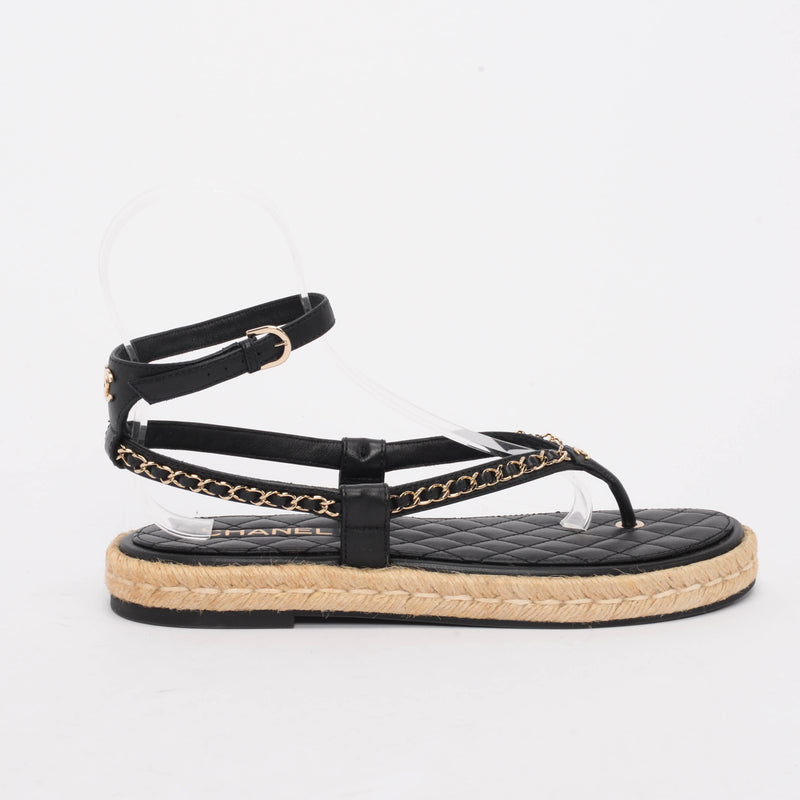 Chanel Black Lambskin Chain CC Thong Sandals 42 - Blue Spinach