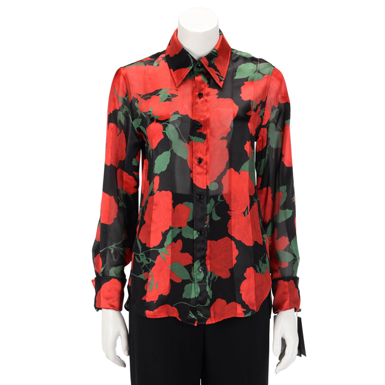 Saint Laurent Black & Red Silk Roses Print Blouse FR 36