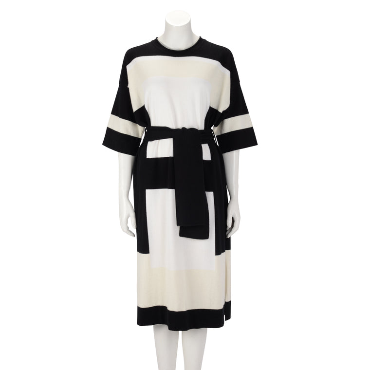 Hermes Black & White Cashmere Belted Midi Dress FR 38