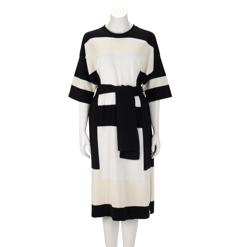 Hermes Black & White Cashmere Belted Midi Dress FR 38 - Blue Spinach