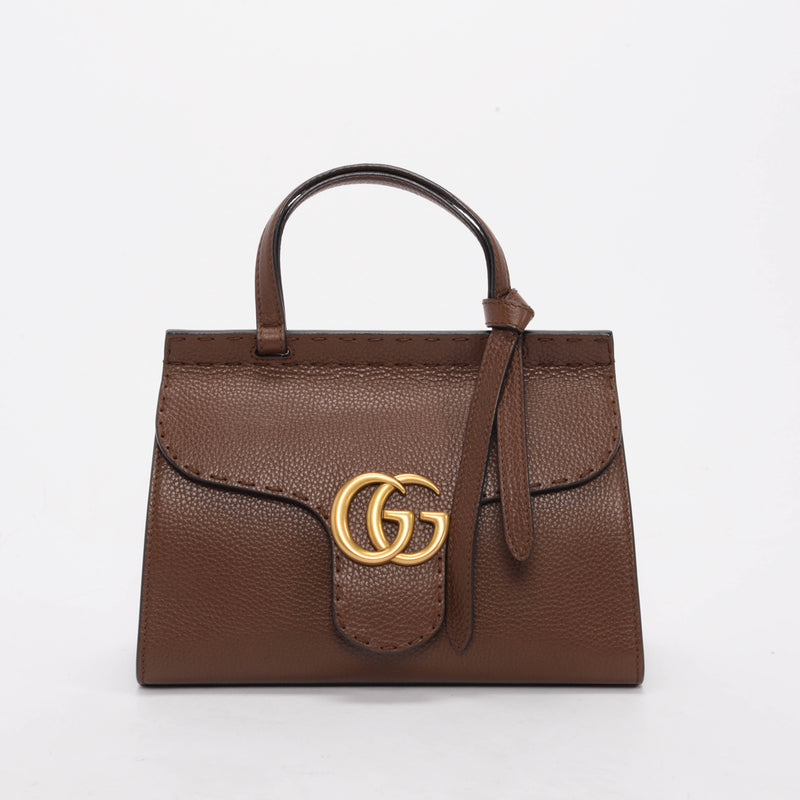 Gucci Brown Calfskin Mini GG Marmont Top Handle Bag - Blue Spinach