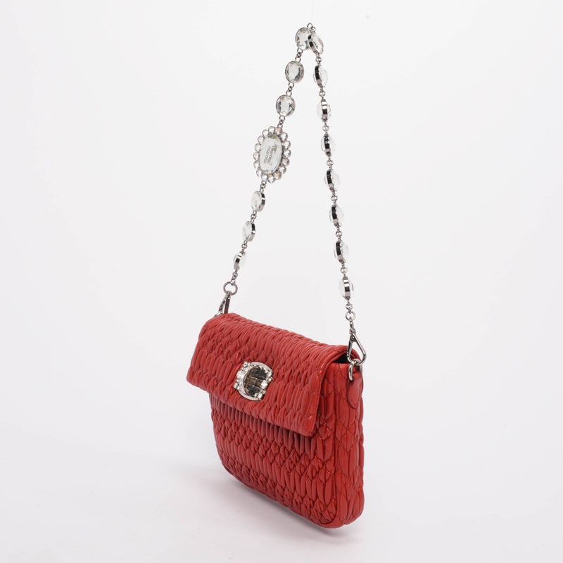 Miu Miu Red Matelasse Crystal Strap Shoulder Bag - Blue Spinach