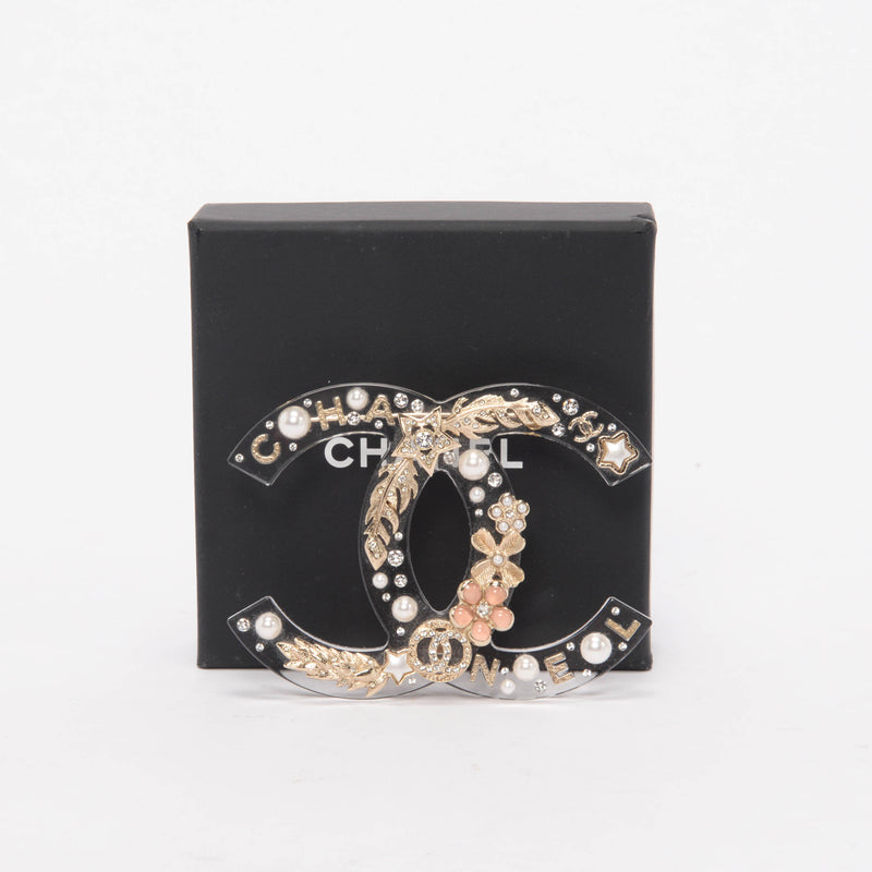 Chanel Light Gold Clear Resin XL CC Brooch - Blue Spinach