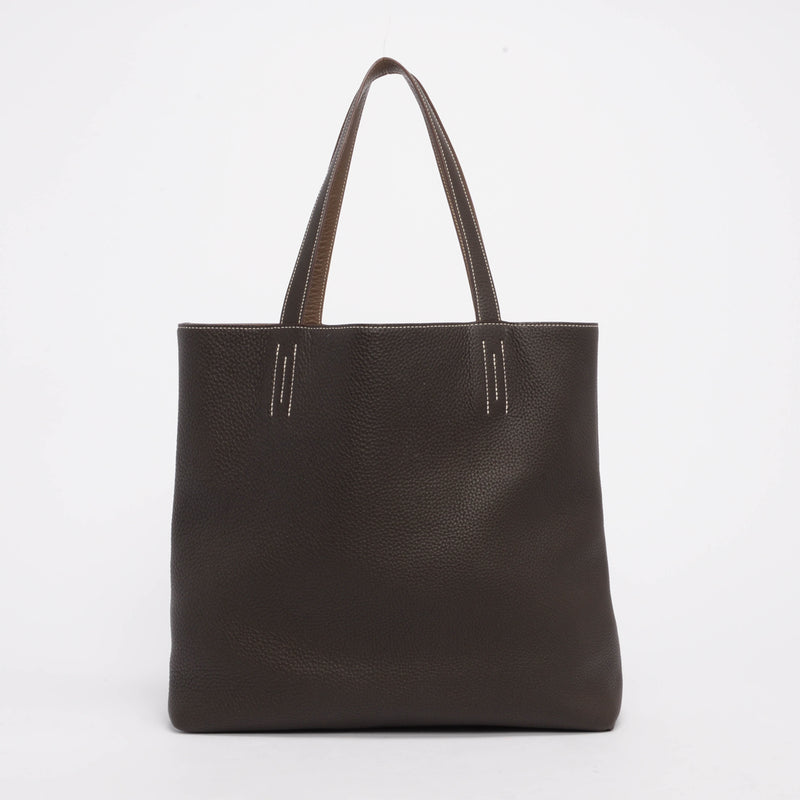 Hermes Etoupe & Chocolate Clemence Double Sens 36 Tote - Blue Spinach